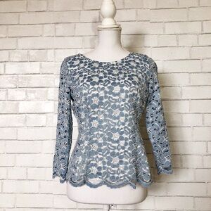 Alex Marie Fitted Blue White Floral Feminine Sheer Arm Lace Top